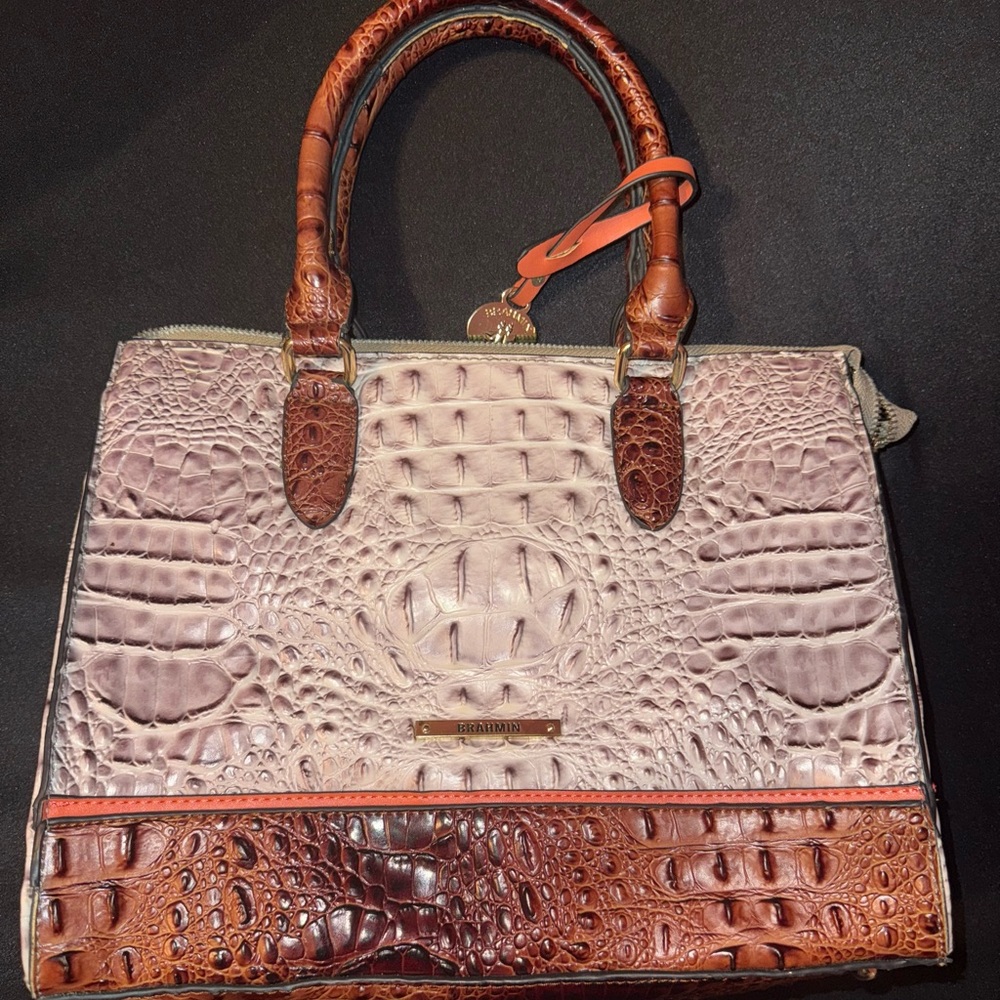 Brahmin Brown and Cream Croc-Embossed Satchel